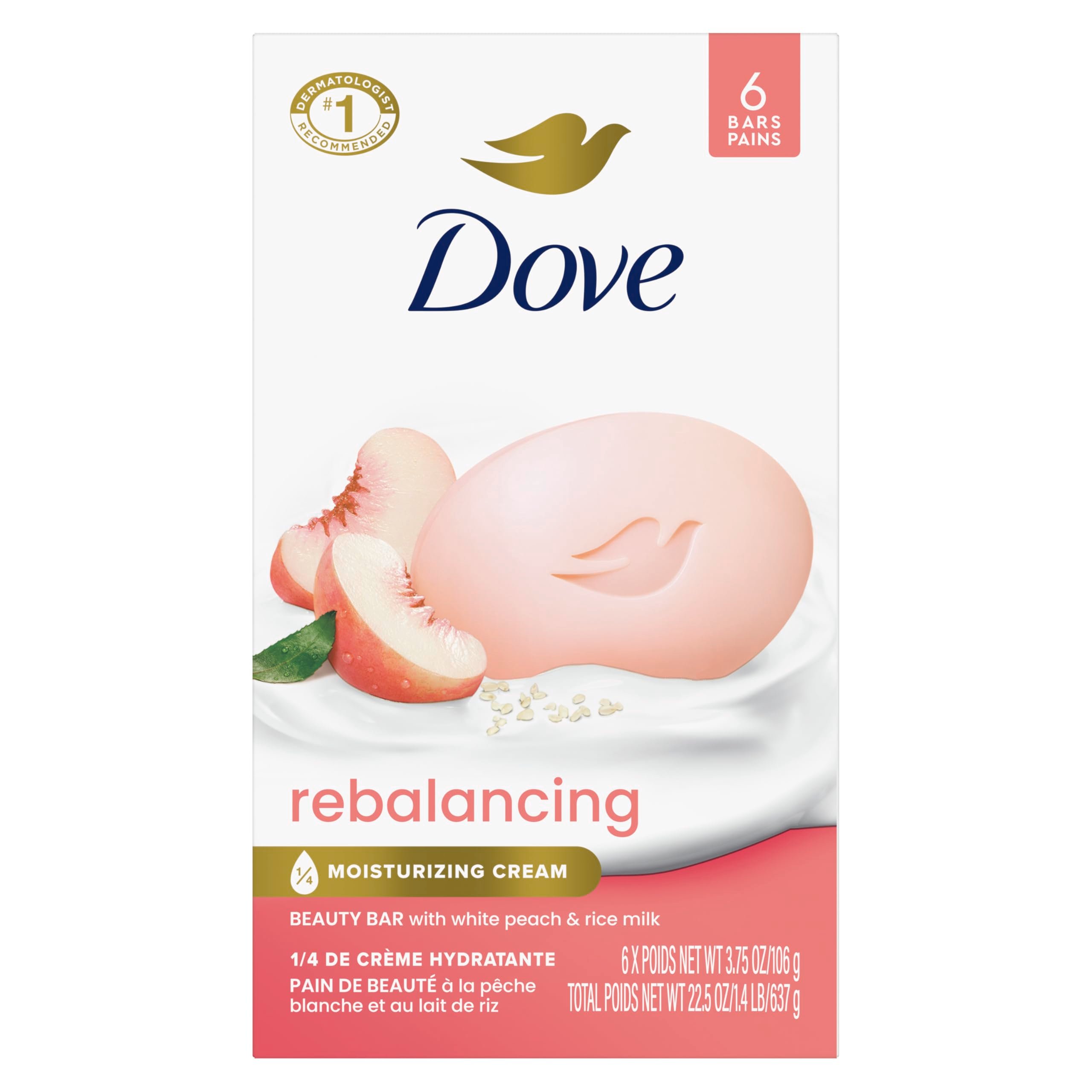 Dove Beauty Bar Soap Rebalancing White Peach & Rice Milk 6 Count for a Nourished and Moisturized Skin, with ¼ Moisturizing Cream Plant-Based Formula, 3.75 oz - Product Image