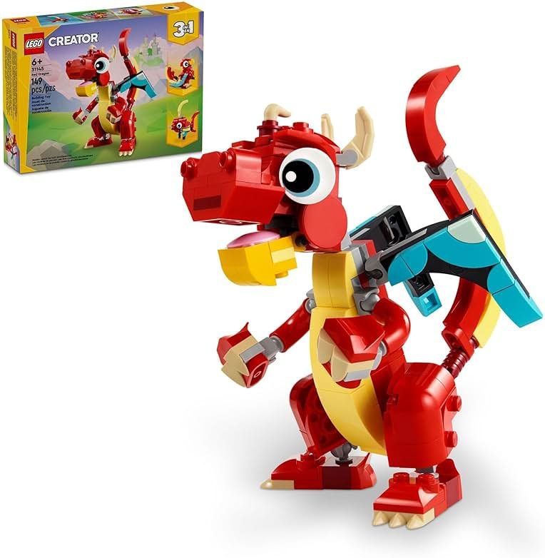 LEGO Creator 3 in 1 Red Dragon Toy, Transforms from Dragon to Fish to Phoenix, Gift Idea for Boys and Girls Ages 6 and Up, Animal Toy Set for Kids, 31145 - Product Image