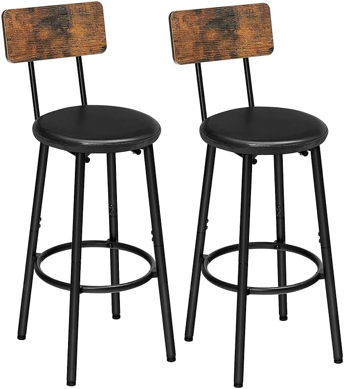HOOBRO Bar Stools, Bar Stools Set of 2 with PU Upholstered, Bar Chairs with Footrest and Back, 26" Bar Stools for Kitchen Island, Dining Room, Easy to Assemble, Rustic Brown and Black BF31BY01G2 - Product Image