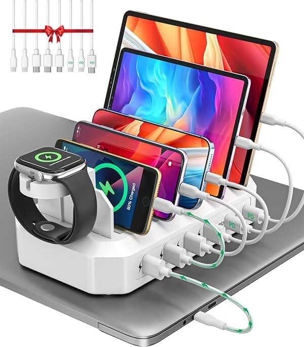 95W Fast Charging Station for Multiple Devices【UL & FCC Tested Safer Charging】 6-Port USB Charging Dock with 2 PD-Port, Compatible with iPhone/Android/MacBook/iPad/Tablet/Kindle(8 Cables Included) - Product Image