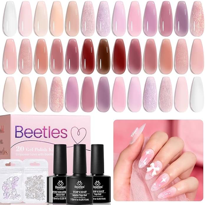 Beetles Jelly Gel Nail Polish Set, 25PCS 20 Colors Sheer Neutral Nude Pink Glitter Milky White Gel Nail Kit Soak Off UV with Base Glossy Matte Top Coat Pearls Rhinestones Nail Charms Gift for Women - Product Image