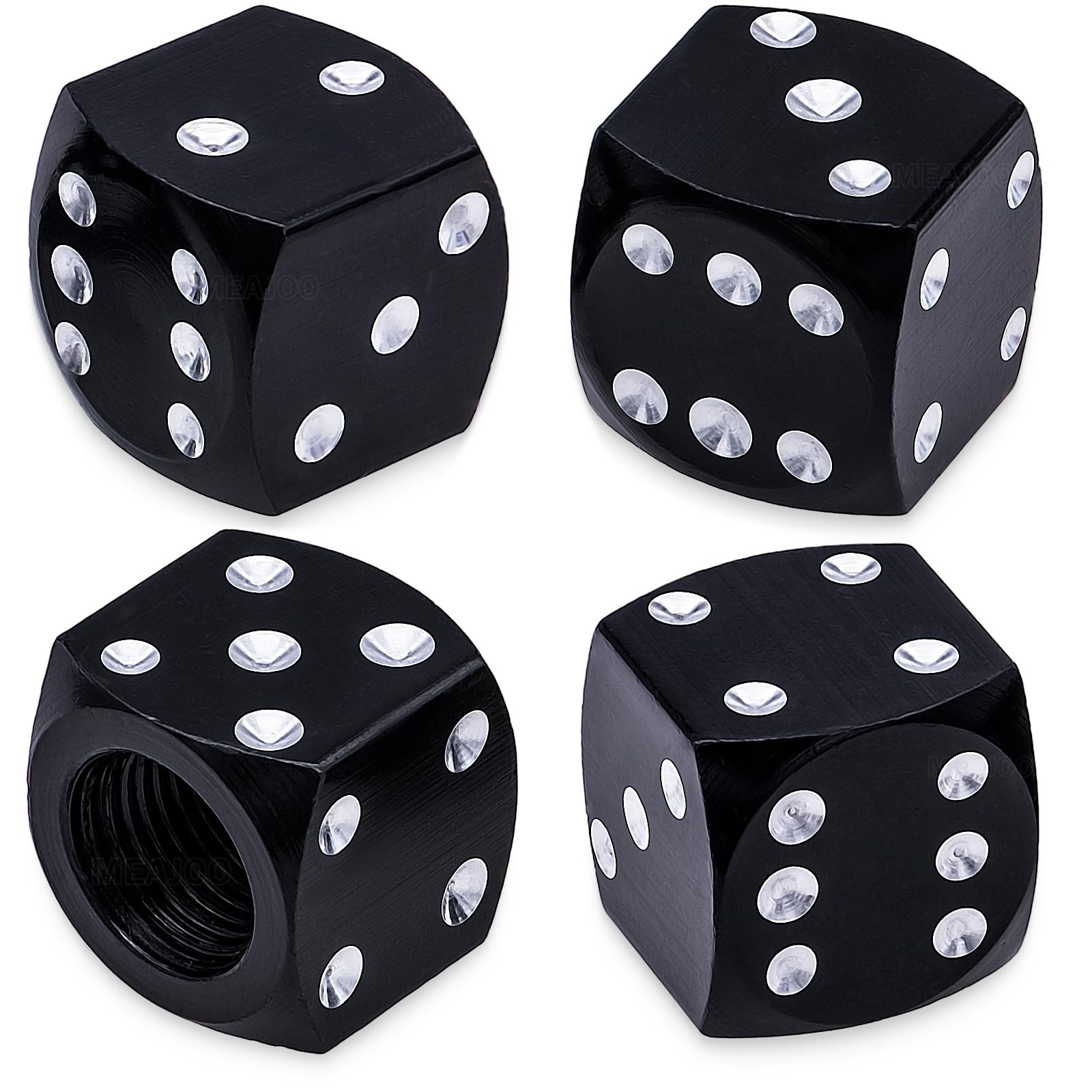 MEAJOO 4PCS Dice Style Tire Valve Stem Caps, with O Rubber Ring, Universal Aluminium Alloy Dustproof Tire Valve Stem Covers for Cars, SUV, Trucks, Bikes, Motorcycles, Bicycles(Black) - Product Image