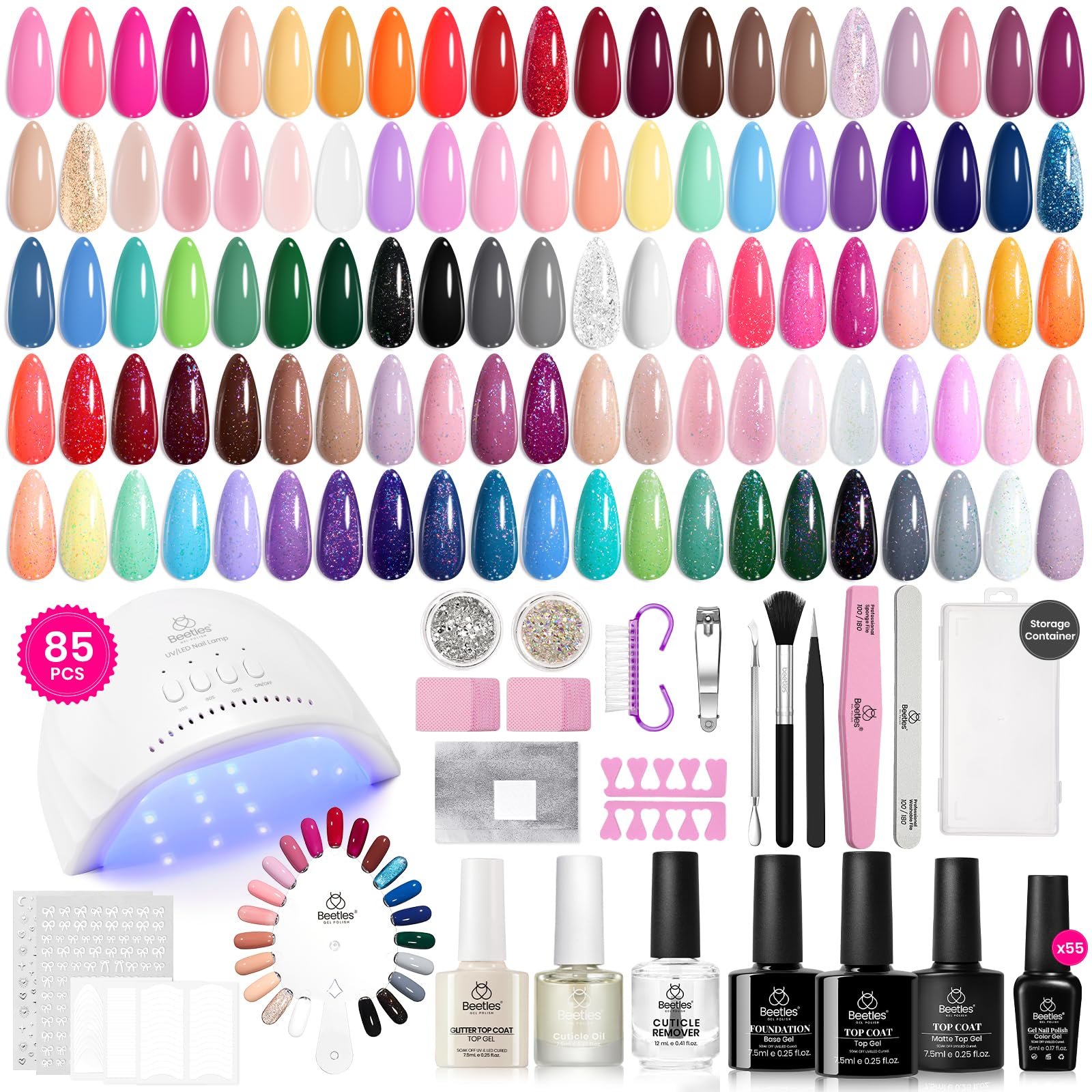 Beetles Gel Nail Polish Kit with U V Light 85Pcs, 55 Colors Seasonal Symphony Set with Diamond Decorations & Manicure Art Stickers and Tools Soak Off for All Season - Product Image