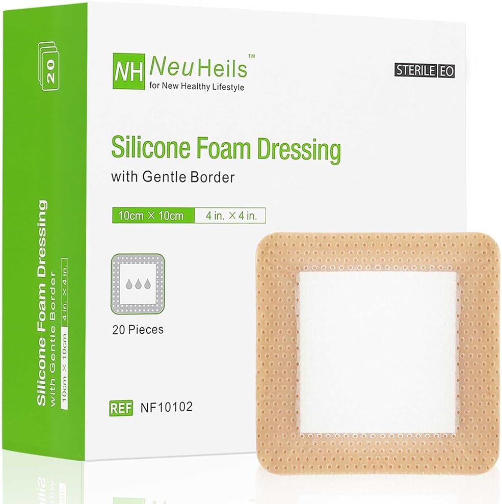 NeuHeils Silicone Foam Dressing with Gentle Border 4''x4'' for Bed Sore Leg Ulcer 20 Pack, High Absorbency Waterproof Silicone Wound Bandage - Product Image