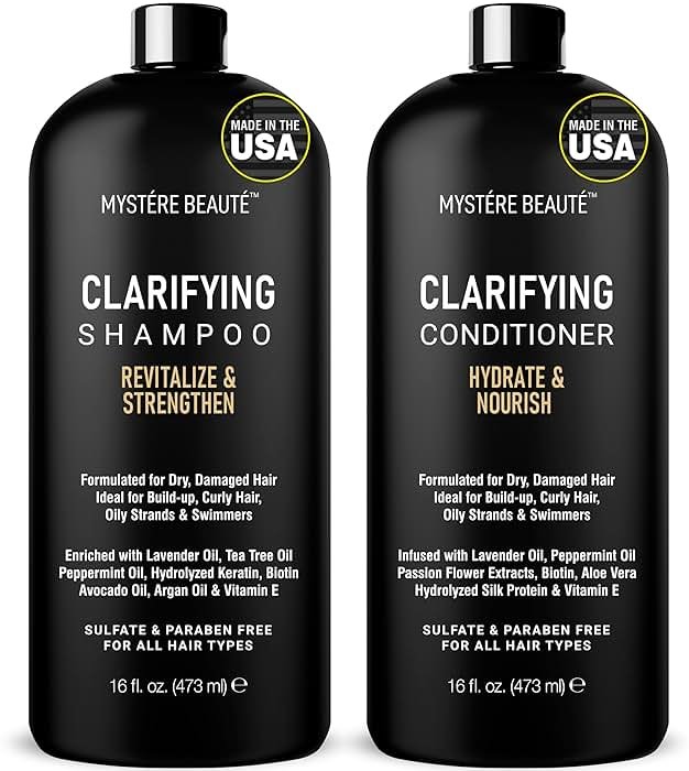 Clarifying Shampoo and Conditioner Set- Hydrating, Calming & Removes Buildup, For All Hair Types, Clarifying Cleanse for Dirt, Oil & Hard Water Buildup, for Men Women MYSTÉRE BEAUTÉ - 16 fl oz each - Product Image