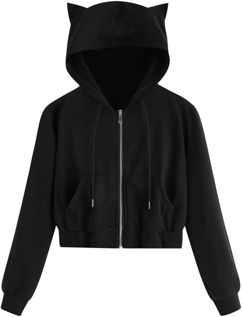Womens Cat Hoodies Drawstring Hooded Cute Hoodies Pullover Kawaii Hoodie with Ears Long Sleeve Crop Casual Zipper - Product Image