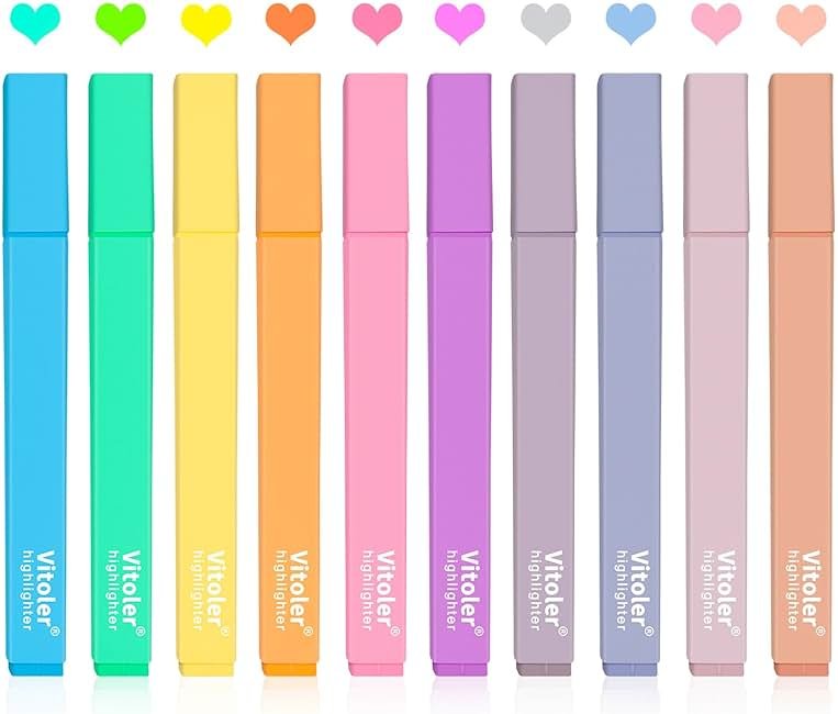 Vitoler 10Pcs Aesthetic Highlighters, Chisel Tip Marker Pens,Assorted Color Candy Highlighters,No Bleed Bible Highlighter,Cute Pastel Highlighter for Journaling Planner Notes School Supplies | Aesthetic, Chisel Tip Marker Pens for Journaling Planner Notes School Supplies - Product Image