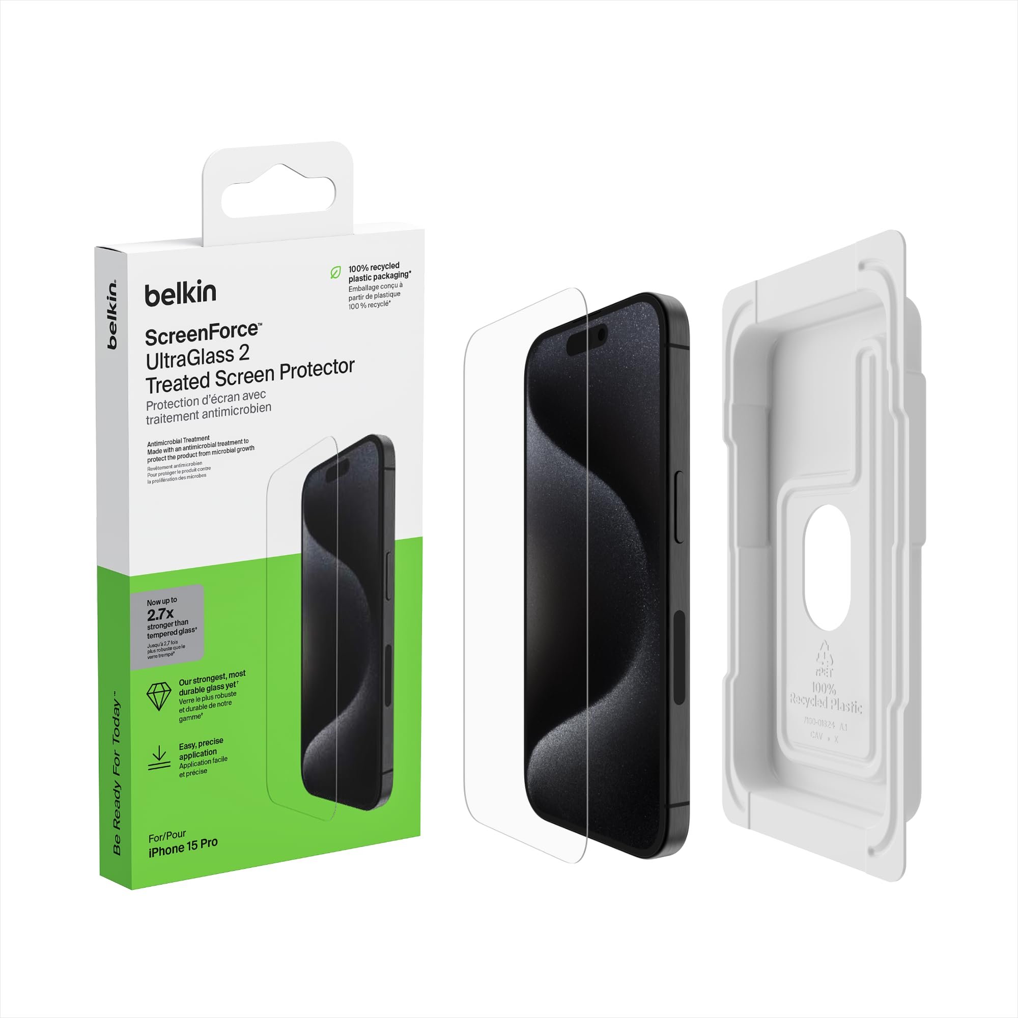 Belkin ScreenForce UltraGlass 2 Treated iPhone 15 Pro Screen Protector - Scratch-Resistant, 9H Hardness Tested Glass w/Slim Design - Includes Easy Align Tray for Bubble-Free Application - Product Image