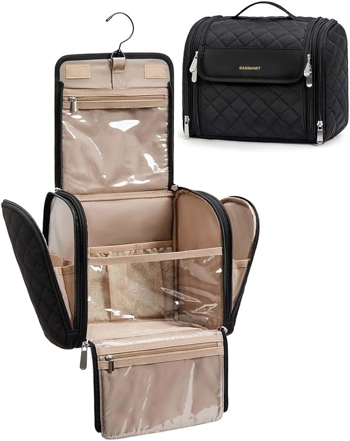 BAGSMART Makeup Bag for Women with Hanging Hook - Portable Cosmetic Case, Large Capacity Door Room Essentials Travel Organizer for Full Sized Cosmetics and Toiletries, Black - Product Image