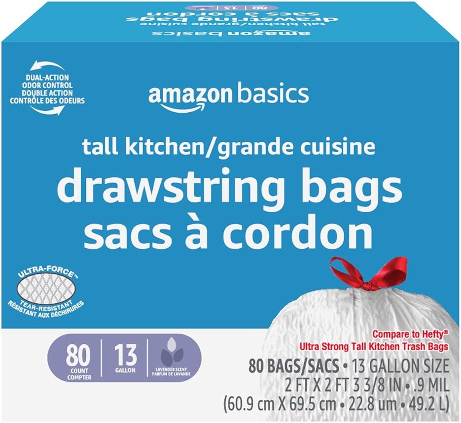Amazon Basics Ultra-Force Tall Kitchen Drawstring Trash Bags, Lavender Scented, 13 Gallon, Tear Resistant, Odor Neutralizing, 80 Count (Packaging May Vary) - Product Image