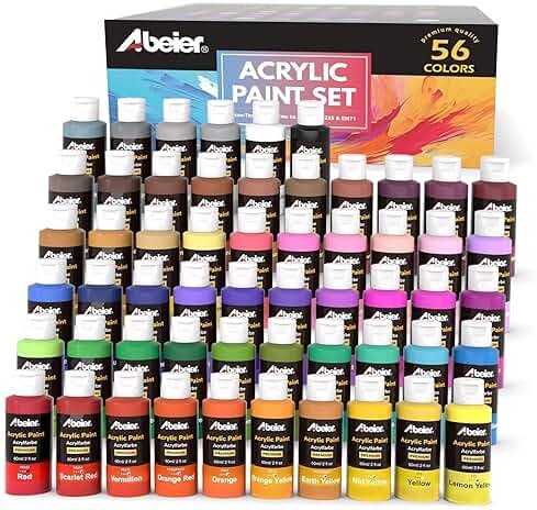 ABEIER Acrylic Paint Set, 56 Colors (2oz/60ml), Matte Finish, Waterproof, Rich Pigments, Non-Toxic Paints for Painting on Canvas Crafts Wood Ceramic, Fabric Ideal for Beginners and Students - Product Image