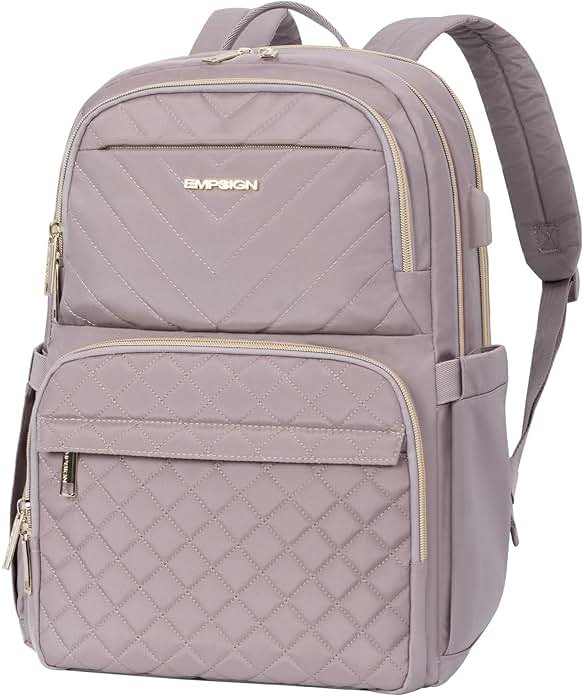 EMPSIGN Laptop Backpack Purse for Women and Men with USB Charging Port, 15.6 Inch Travel Water Resistant Quilted Backpack, High-Capacity 30L Work Business Computer Backpack, Quilted Grey Pink - Product Image