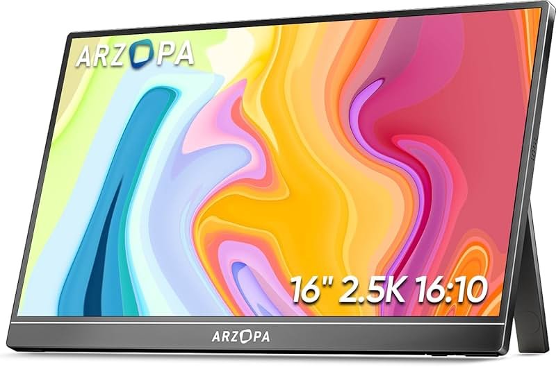 ARZOPA 16" 2.5K Portable Monitor, 2560x1600 QHD IPS Display 123% sRGB with Built-in Stand USB-C HDMI Eye Care External Second Screen for Mac Laptop Phone PS4/5 Xbox Switch -Z1RC - Product Image