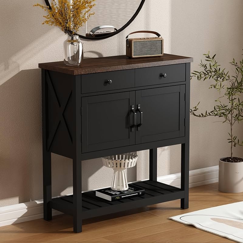 ChooChoo Farmhouse Console Table, Entryway Table with Storage Shelf, Coffee Bar Cabinet, Narrow Buffet Sideboard for Kitchen, Hallway, Living Room, Black - Product Image