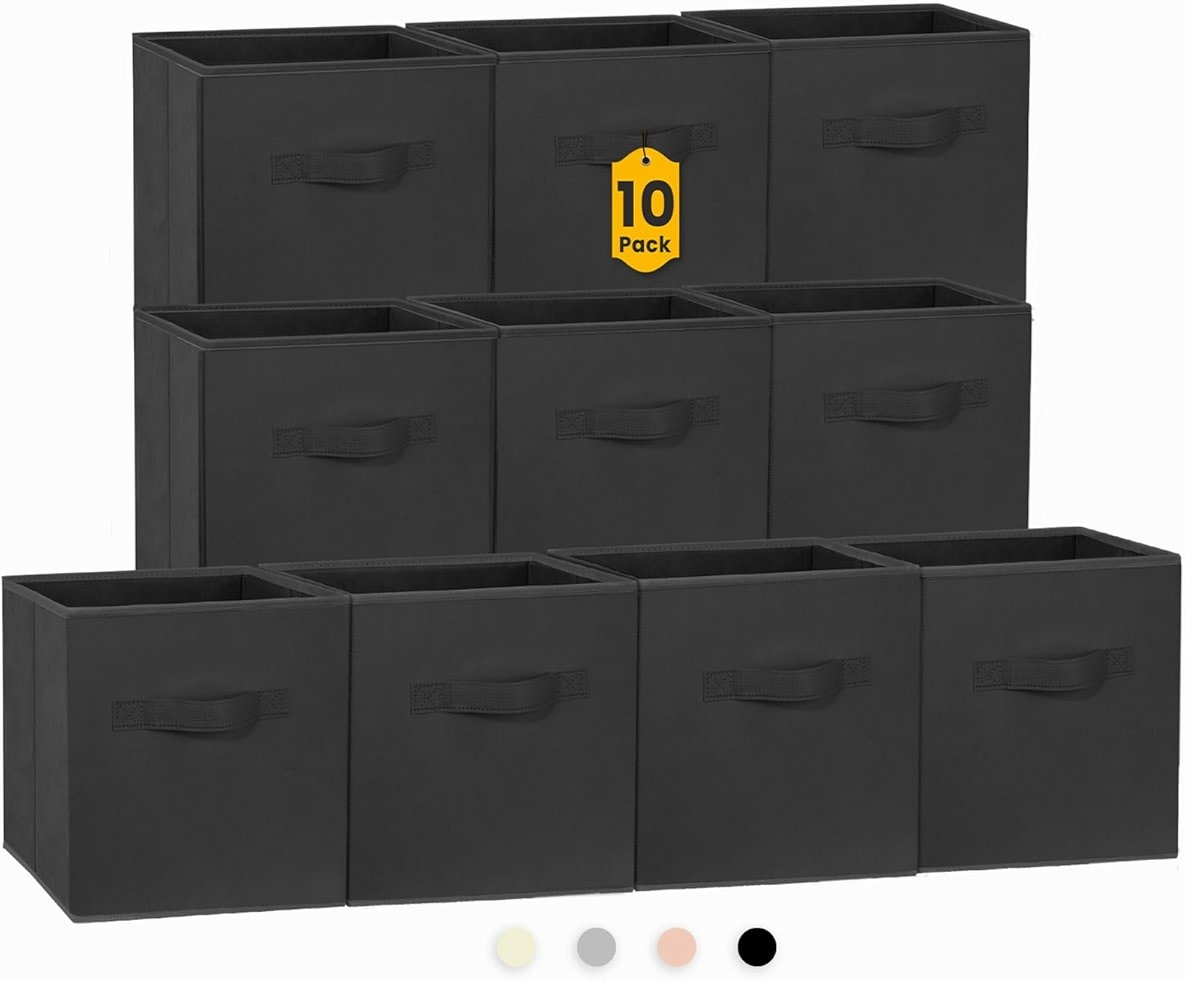 Criusia Storage Cubes, 11 Inch Clothes Storage Bins for Shelves Closet (10 Pack), Fabric Collapsible Storage Bins with Dual Handles, Cubby Storage Baskets for Magazines, Dorm Essentials (Black) - Product Image