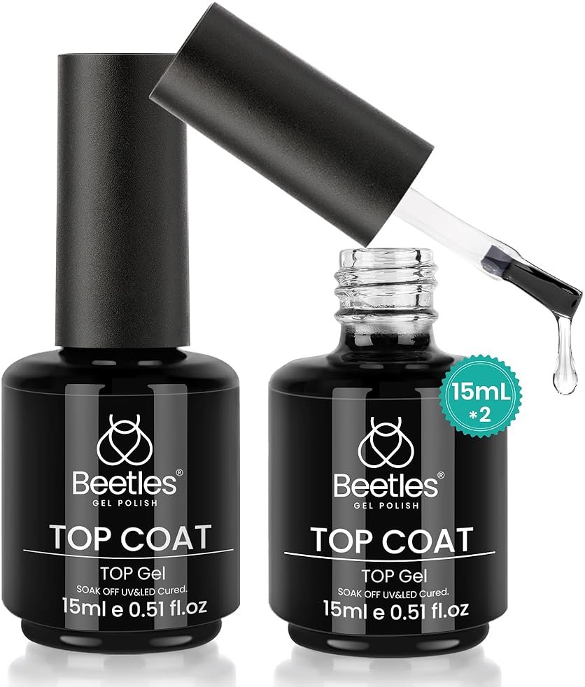beetles Gel Polish 2Pcs 15ml No Wipe Top Coat Gel Nail Polish High Gloss Shiny Long-Lasting Clear Gel Top Coat, Soak Off Nail Lamp, Summer Nails Home DIY Manicure and Nail Salon Gifts for Women - Product Image