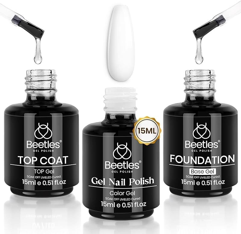 Beetles 3Pcs 15ml White Gel Nail Polish and No Wipe Gel Base & Top Coat Set, Soak Off UV Lamp and Long Lasting Glossy Coat French Manicure Art Design Kit - Product Image