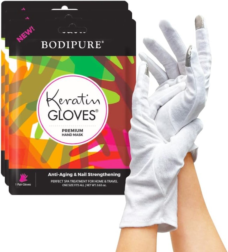 Bodipure Premium Hand Mask Keratin Gloves 3pk of Moisturizing Gloves for Dry Cracked Hands Plus Touchscreen White Cotton Gloves 1pk for Dry Hands to Fully Absorb The Cream. - Product Image