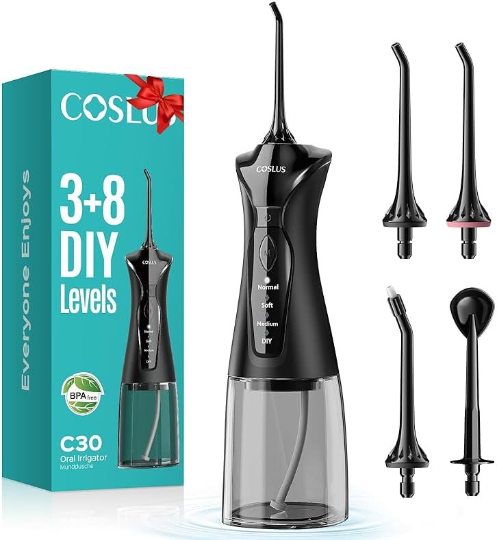 COSLUS Water Dental Flosser Pick for Teeth C30(FC5360): 4 Modes Cordless Portable 300ML Larger Tank Water Teeth Cleaner IPX7 Waterproof Flossing Cleaning Picks for Home Travel Black - Product Image