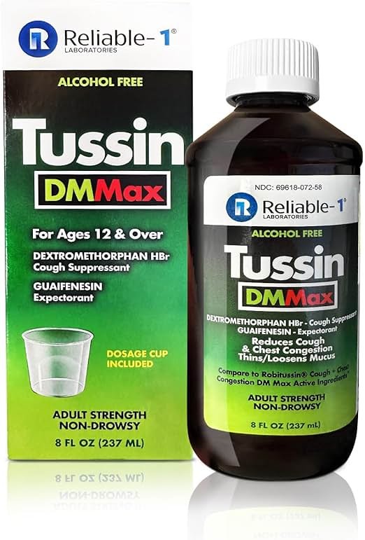 Reliable-1 Laboratories Tussin DM MAX Cough Suppressant, Reduces Cough & Chest Congestion, Thins/Loosens Mucus, Adult Strength Non-Drowsy, 8 FL OZ (237 ML) - Product Image