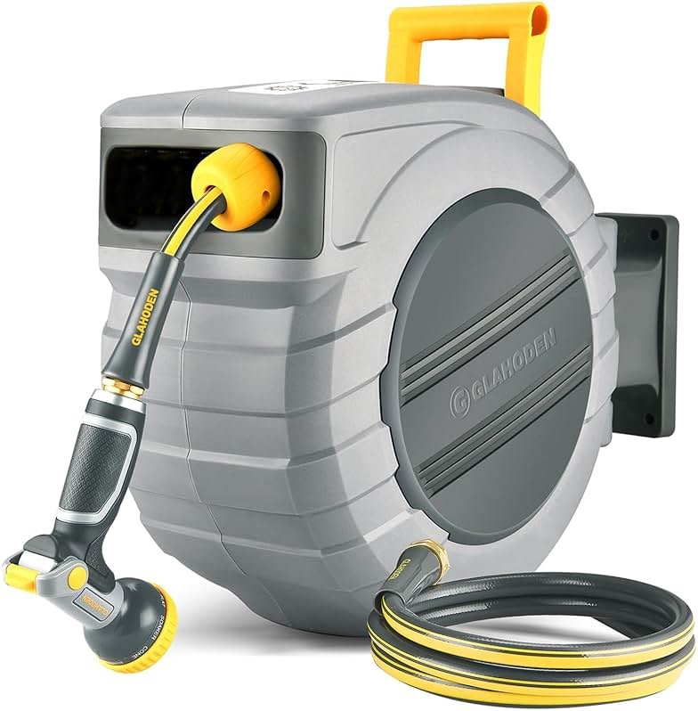 GLAHODEN Retractable Garden Hose Reel 1/2 in x 115 ft, 2025 Upgraded Dual Ratchet Lock UV & Freeze Protection Brass Seal Slow Retraction Anti-Tangle Hose 180°Swivel Reinforced Scaffold Wall Mount - Product Image