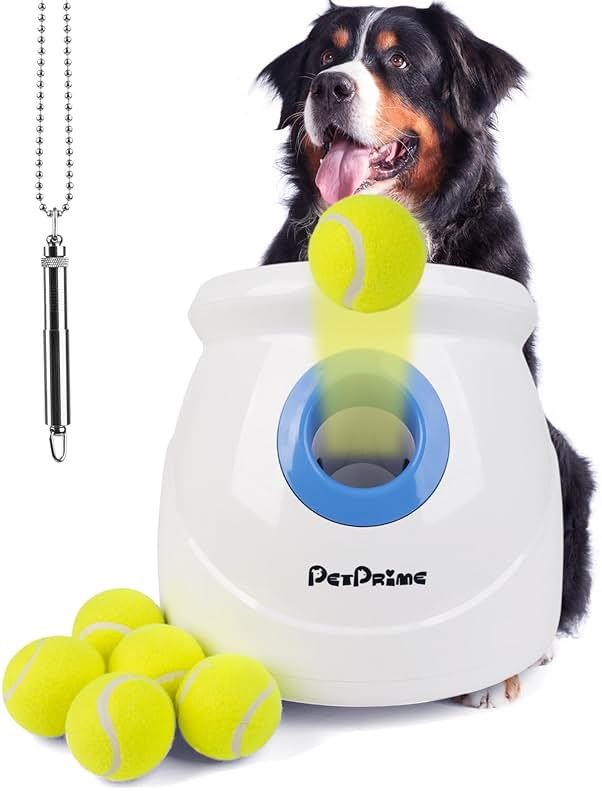 Pet Prime Dog Automatic Ball Launcher for Large Dogs Ball Thrower Machine Outdoor Indoor Use Interactive Dog Toy Adjustable Distance 10-40ft - Included 6 PCS 2.5” Tennis Balls and a Whistle - Product Image