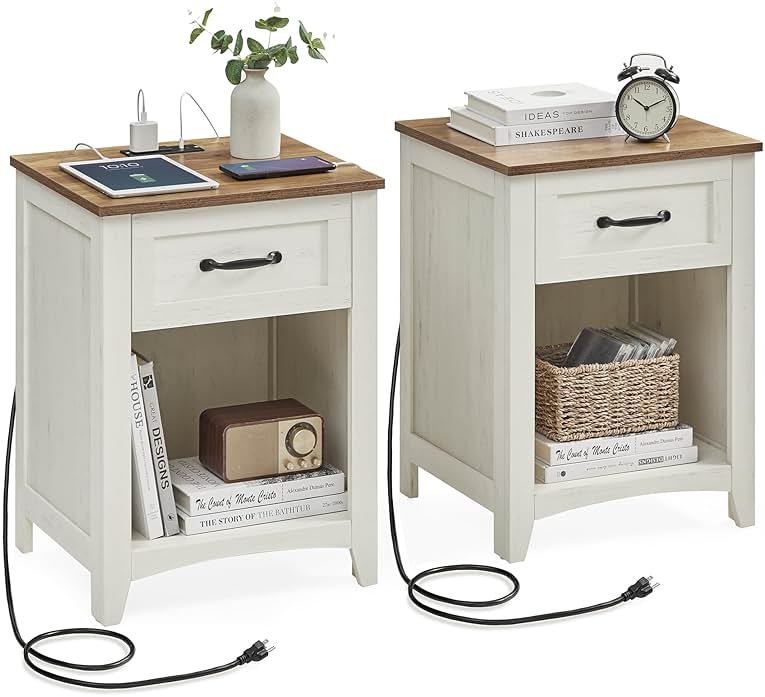 VASAGLE LIRY Collection - Farmhouse Nightstands with Charging Station, Set of 2 Bedside Tables, Side Tables with Drawer, Open Compartment, for Bedroom, Rustic White and Honey Brown ULET859K41 - Product Image