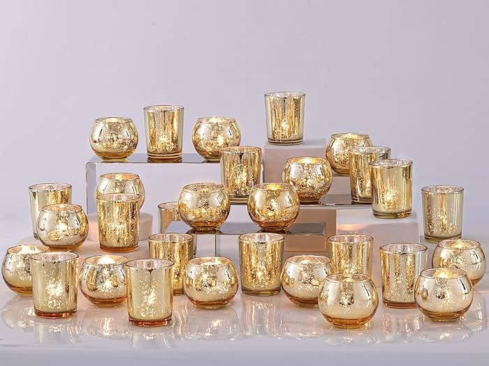 DEVI 48PCS Assorted Gold Votive Candle Holders Bluk, Gold Wedding Decorations, Mercury Glass Candle Holder for Tea Lights, Christmas Party Diwali Centerpieces for Table, Wedding Party Supplies - Product Image