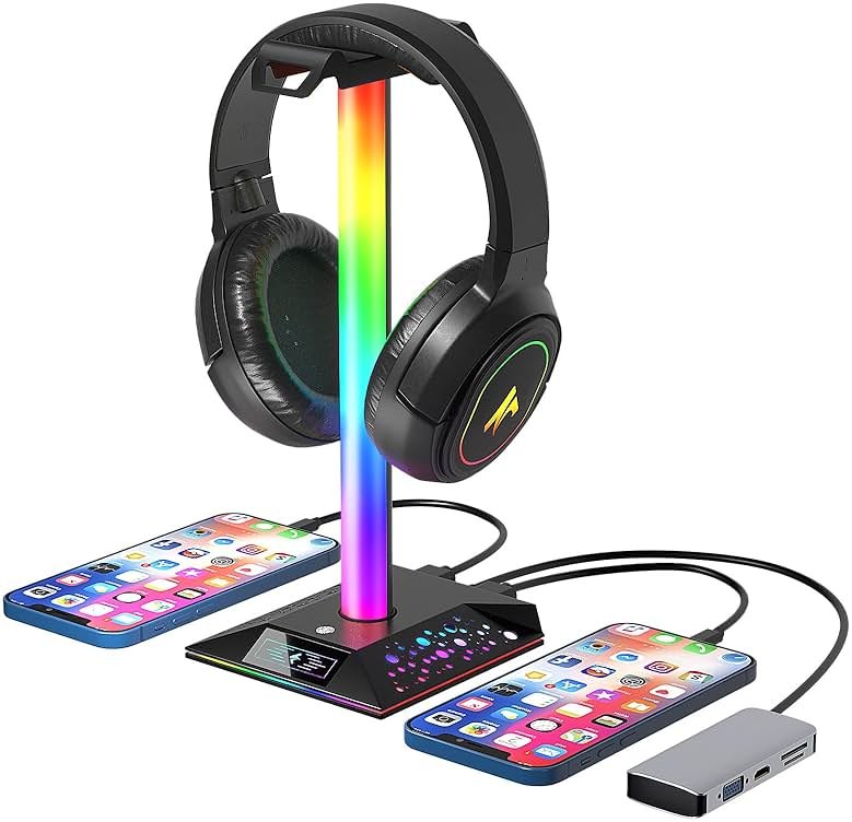 Xergur Gaming Headphone Stand PC Accessories - RGB Headset Stand with 2 USB Charger, Cool LED Headphone Holder PC Gaming Accessories for Boys Men Gamers, Computer Game Hardware for Desk - Product Image