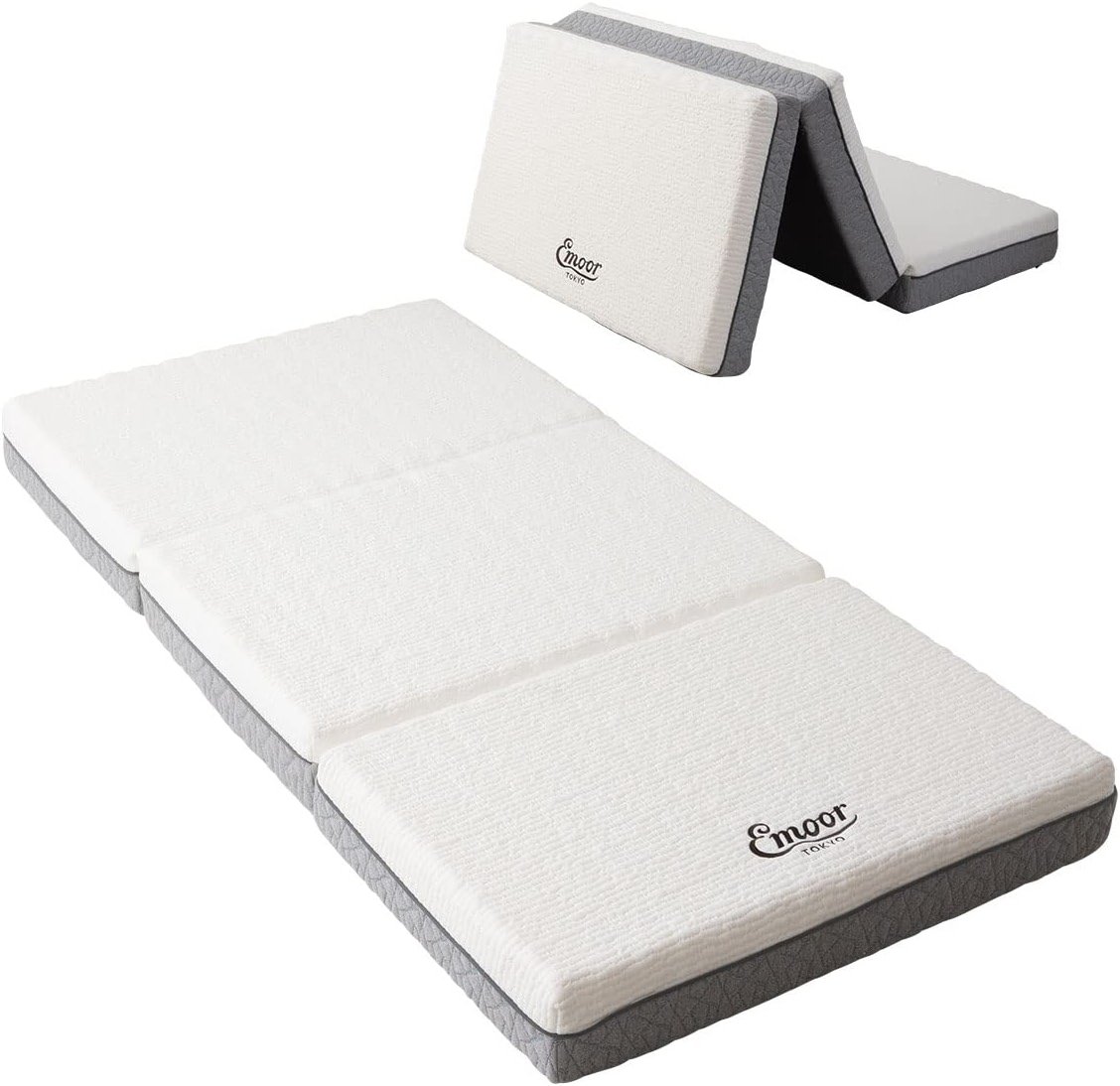 EMOOR Japanese Futon Mattress Tri-Fold Type Premium Queen White & Gray, High-Density Extra-Thick Removal Cover Three-Layer Urethane Foam - Product Image