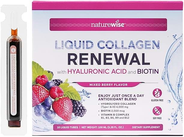 NatureWise Hydrolyzed Liquid Collagen for Women & Men 4000mg - High Absorption, Type 1 & 3 Peptides with Biotin + Vitamin C + Vitamin B Complex & Hyaluronic Acid -Mixed Berry - 10 Tubes[10 Day Supply] - Product Image