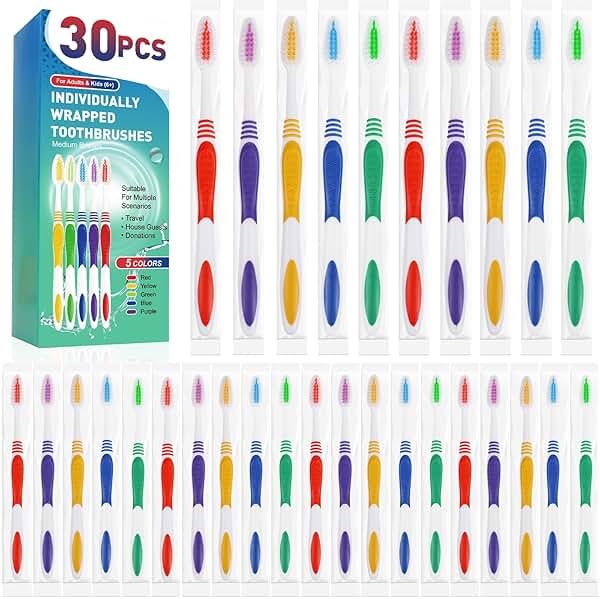 Navona 30 PCS Premium Individually Wrapped Bulk Toothbrush Pack, Disposable Toothbrushes, Kids Toothbrush, Medium Soft Bristle Toothbrushes, Ergonomics Handle, Perfect for Travel Hotel Donation - Product Image