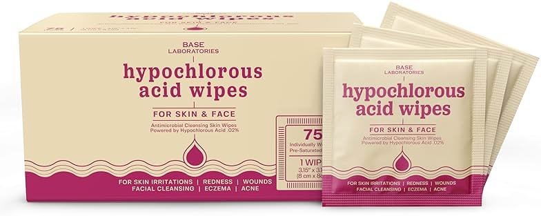 BASE LABORATORIES Hypochlorous Acid Wipes for Face & Skin - Facial Cleansing and Daily Skin Repair Hypochlorous Acid Wipes - for Sensitive Skin, Redness, Irritations, Eczema - 75 Wipes - Product Image