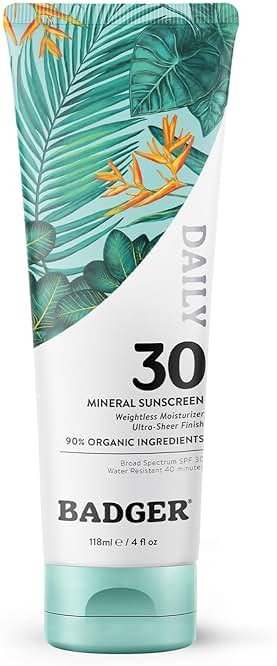 Badger Mineral Daily Sunscreen with Zinc Oxide, SPF 30, Lightweight & Easy to Apply w/No White Cast, Moisturizing Organic Sunscreen, Reef Safe, Vegan, Unscented, 4 fl oz - Product Image