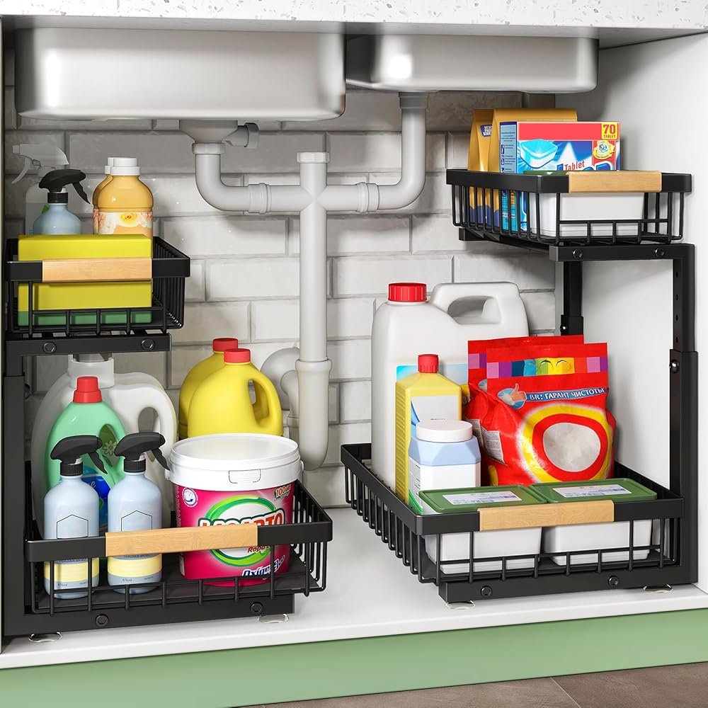 Kitstorack Under Sink Organizer, 2 Tier Under the Sink Storage, Slide out Pull out Cabinet Organizer Shelf, Metal Sliding Drawer for Kitchen Bathroom Pantry Closet Organization Rack, Black, 2 Pack - Product Image
