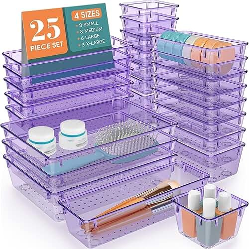 WOWBOX 25 PCS Plastic Drawer Organizer Set, Desk Drawer Divider Organizers and Storage Bins for Makeup, Jewelry, Gadgets for Kitchen, Bedroom, Bathroom, Office, Clear Purple - Product Image