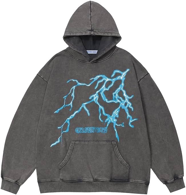 Aelfric Eden Mens Lightning Graphic Hoodies Print Oversized Unisex Streetwear Vintage Hoodie Y2k Sweatshirt Pocket Pullover - Product Image