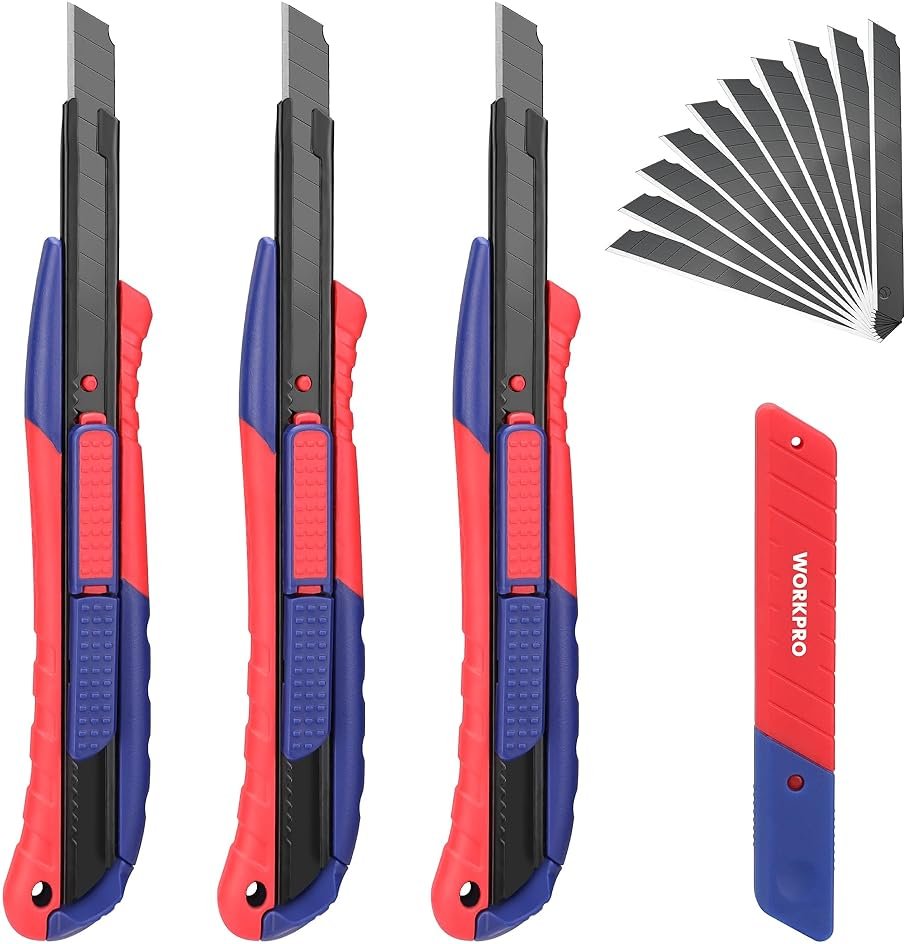 WORKPRO 2-In-1 Safety Utility Knife Retractable Snap-off blade, Metal Box Cutter Set, Razor Knife Exacto Craft Knives, with 10 Extra 9mm Blades, Pack of 3 - Product Image