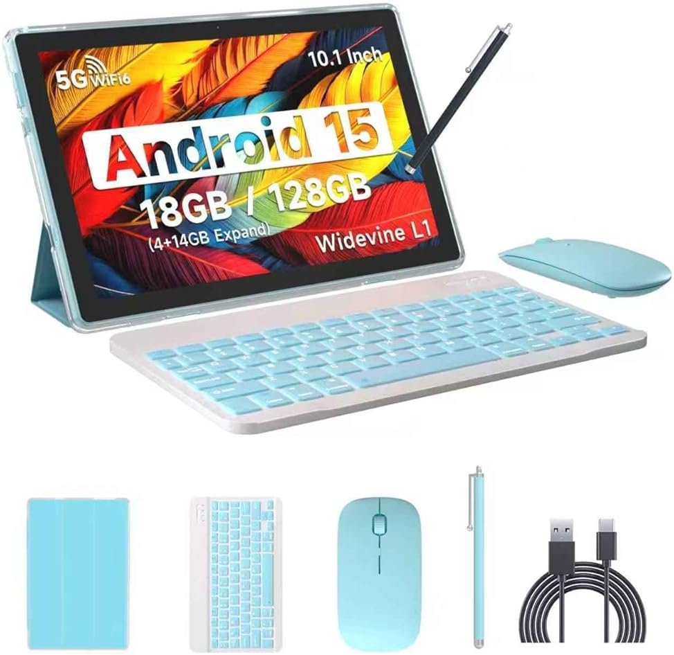 IWEGGO Android 15 Tablet, 10 Inch 18GB RAM+128GB ROM/ 2TB Expandable Tablet, 2.0GHz Quad-core Processor, 1280*800 HD Touch Screen, 5G WiFi6 BT 5.0, 2 in 1 Tablets with Keyboard Case Mouse Stylus Blue - Product Image