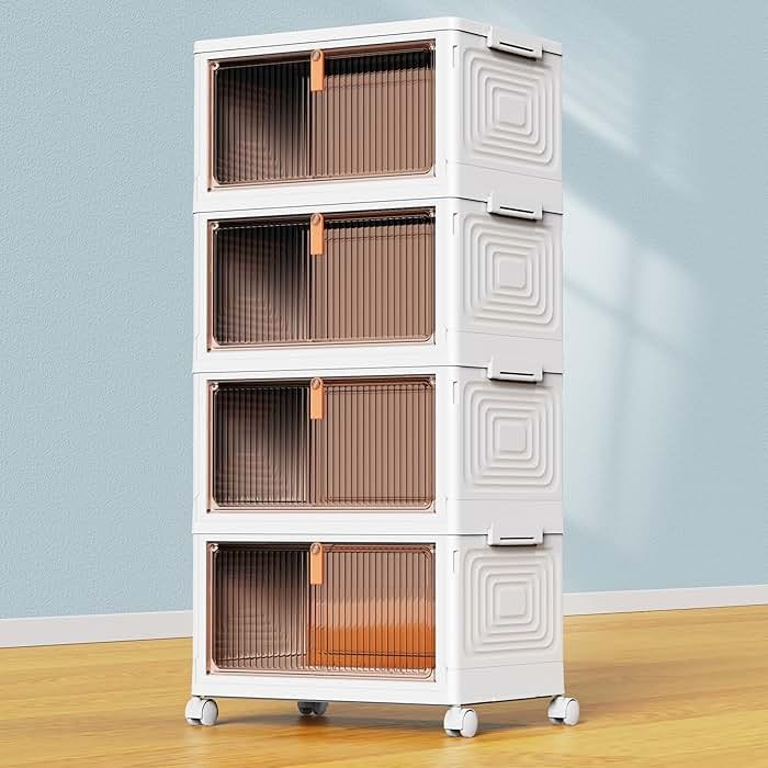 YFXCVSL 4 Tier Plastic Storage Bins with Lid 23QT, Stackable Storage Containers with Wheels, Folding Storage Boxes, Stackable Storage Bins, Organizers and Storage for Living Room,Office,Dorm - Product Image