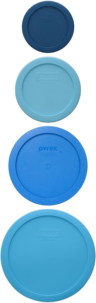Pyrex (1) 7202-PC 1-Cup Blue Spruce, (1) 7200-PC 2-Cup Splash, (1) 7201-PC 4-Cup Marine, & (1) 7402-PC 6/7-Cup Bright Blue Pantone Lids - Made in USA - Product Image
