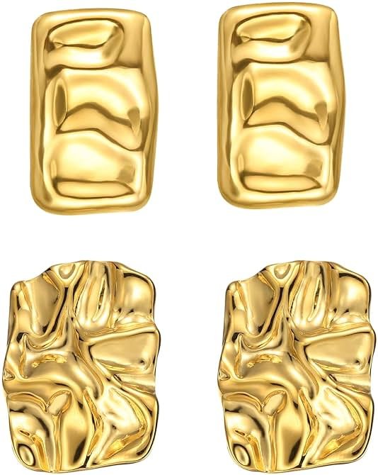 ENVYOU Geometric Rectangle Gold Plated Stud Earrings Irregular Hammered Chunky Statement Square Earrings for Women Trendy - Product Image