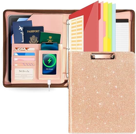 Leather Clipboard with Storage, Zippered Padfolio Portfolio Organizer, 3 Ring Binder 1 Inch, Notepad, Tablet Sleeve, 5 Dividers with Pocket, Stickets for Office, Nurses, Students, Teachers Rose Gold - Product Image