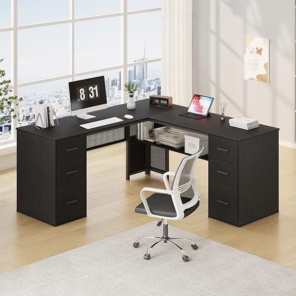 HSH Black L Shaped Desk with File Drawers Shelves, Reversible Corner Metal Wood Computer Desk with Storage Cabinet, Modern Large Executive Work Writing Study Table for Home Office Bedroom, 59 Inch - Product Image
