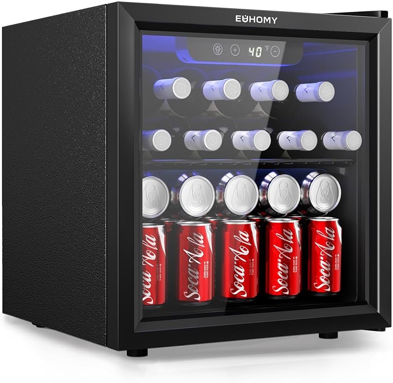 EUHOMY 48 Can Beverage Refrigerator cooler-Mini Fridge Glass Door for Beer Drinks Wines, Countertop Beverage Fridge with Adjustable Shelves Blue LED for Home/Office/Dorm/Bar, 1.3 cu.ft - Product Image