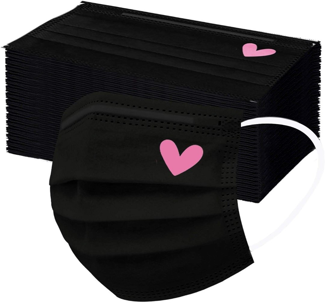 50Pcs Black Disposable Face Masks, Cute Pink Heart Printed Designs Masks for Adults Women 3-Layers (#05) - Product Image