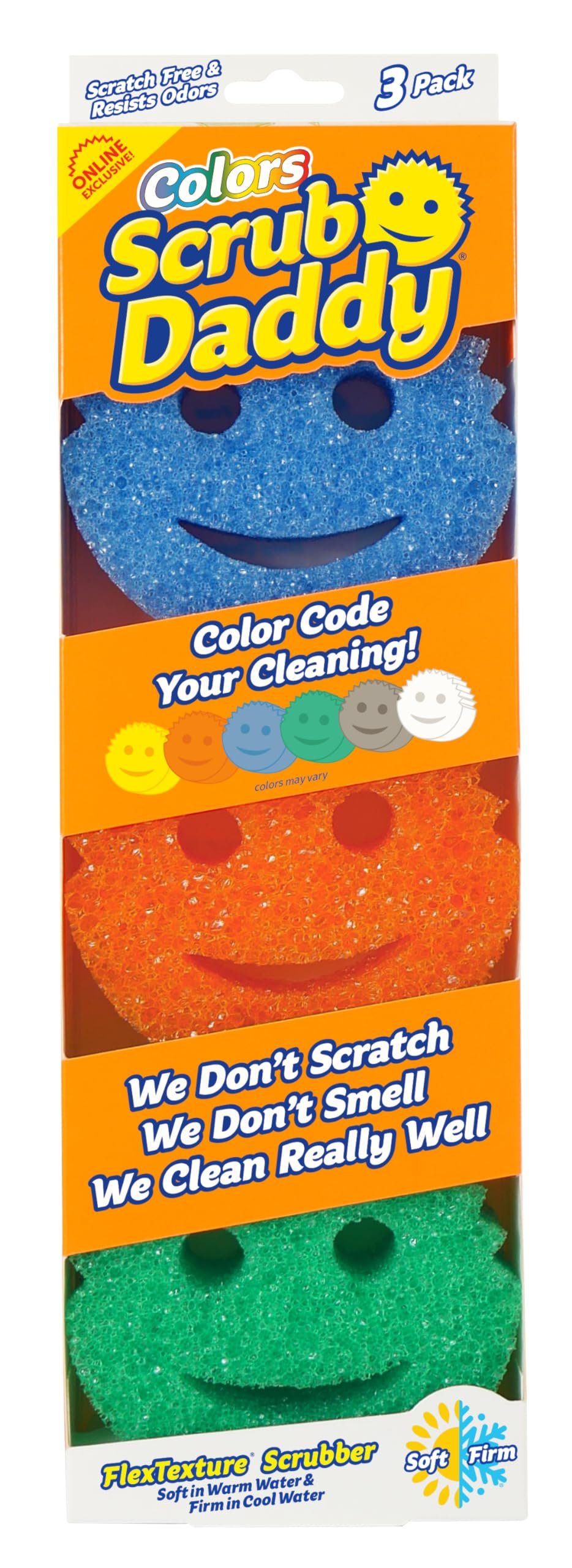 Scrub Daddy Colors Kitchen Sponges - Scratch-Free Dishwashing Sponges & Sponge for Kitchen Sink, Bathroom & Household Cleaning - BPA-Free Polymer Foam (3 Count) - Product Image