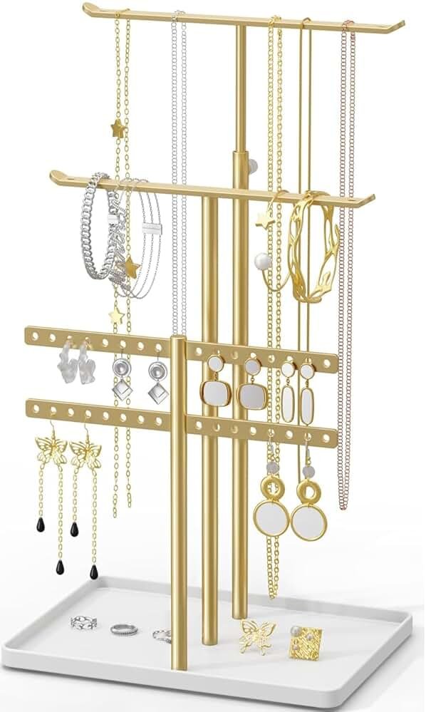 susswiff Jewelry Holder Organizer Stand - Adjustable Jewelry Tree 17.5" Height (Max), Jewlery Hanger for Necklaces, Bracelets, Earrings, Aesthetic for Storage and Display, Metal, Gold and White - Product Image