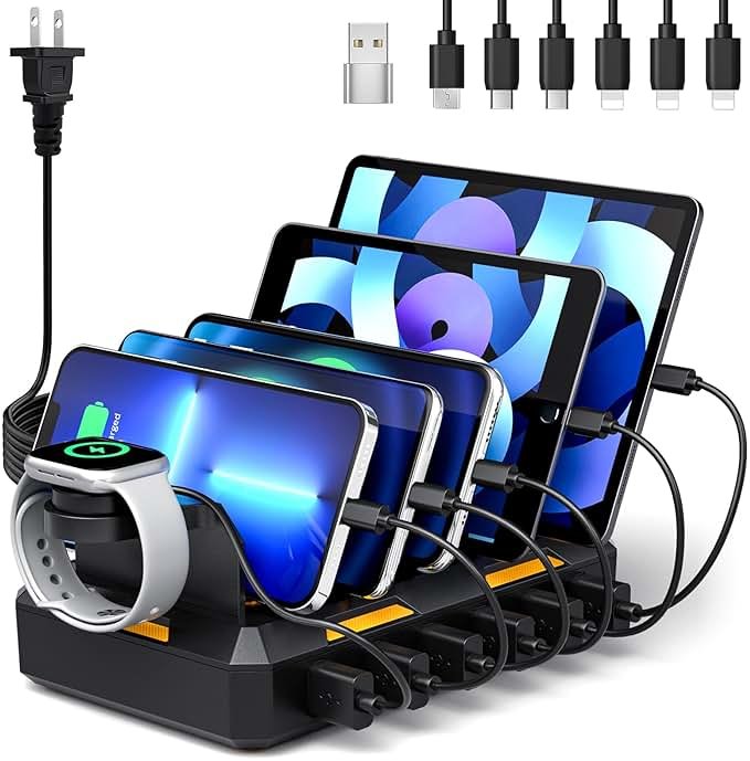 Charging Station for Multiple Devices, Honcila 6 in 1 Multi Charger Station Charging Dock for Cellphone Tablet iPhone iPad and More - 50W Charging Station Organizer with 6 Mixed Charging Cables - Product Image