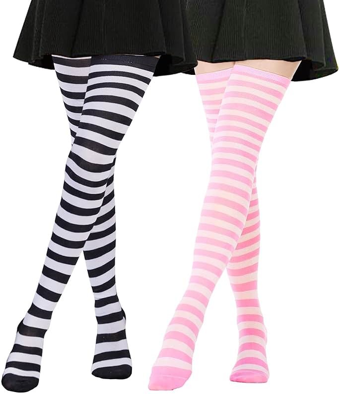 AQOKKA Extra Long Thigh High Socks for Women Striped Over Knee Thigh Socks Long Boot Thigh High Stockings Leg Warmers - Product Image
